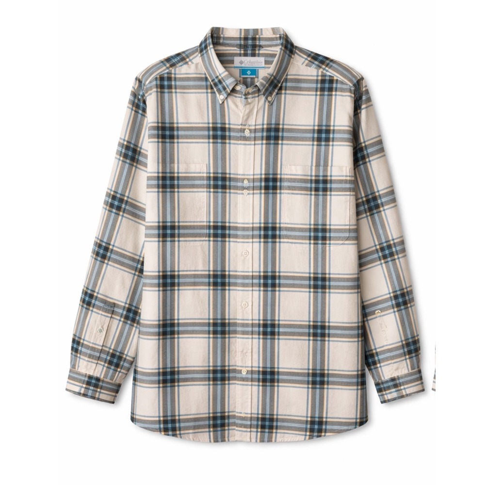Columbia Sportswear Mens XXL Plaid Button Down Shirt Long Sleeve White Blue